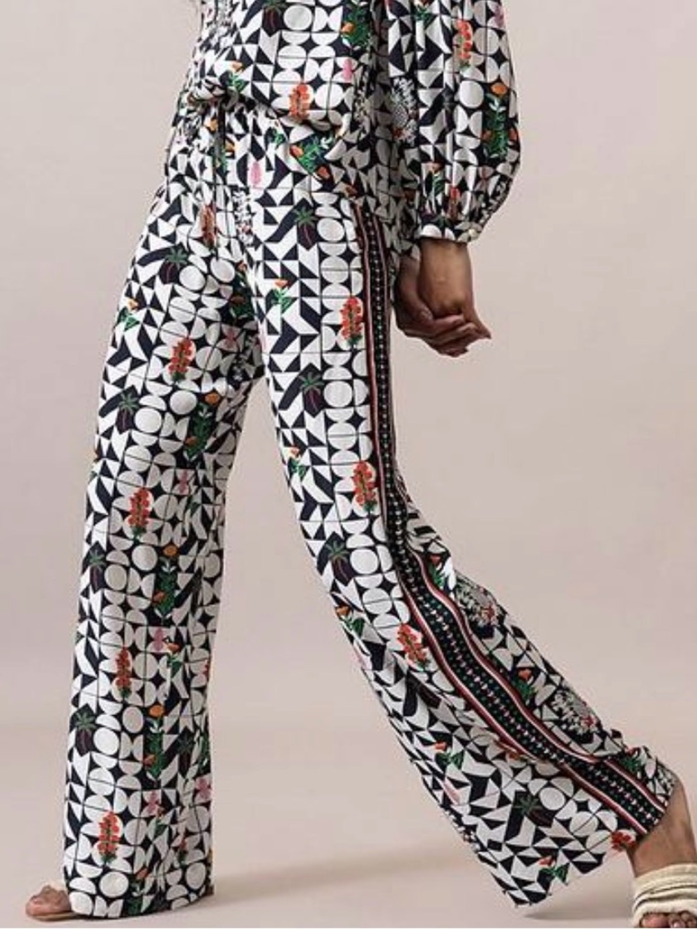 Black & White Geometric Wide Leg Pants with Floral Accents